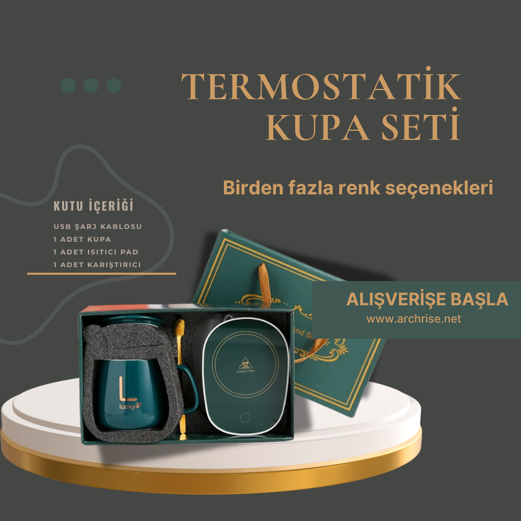 Yeni Nesil Seramik Isıtıcılı Kupa Seti | Kaşık ve Kapaklı | Taşınabilir Hediye Kutusu | Ofis ve Okul Kullanımı İçin Pratik Termo Kupa