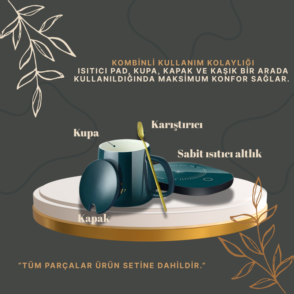 Yeni Nesil Seramik Isıtıcılı Kupa Seti | Kaşık ve Kapaklı | Taşınabilir Hediye Kutusu | Ofis ve Okul Kullanımı İçin Pratik Termo Kupa