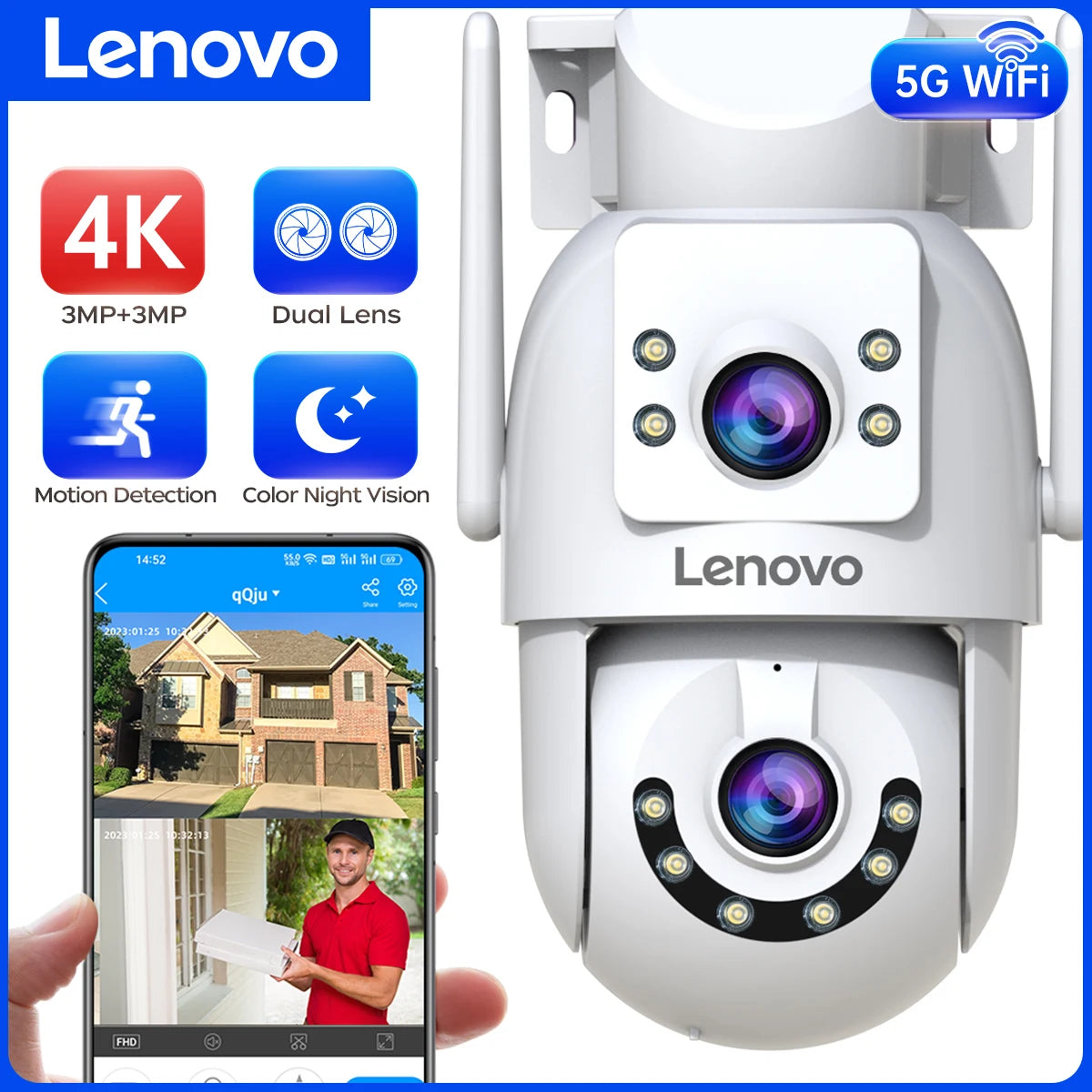 Lenovo HD PTZ Dış Mekan Kamerası – 6MP Çift Lensli, Çift Ekranlı, 5G Wi-Fi, Otomatik Takipli Güvenlik Kamerası